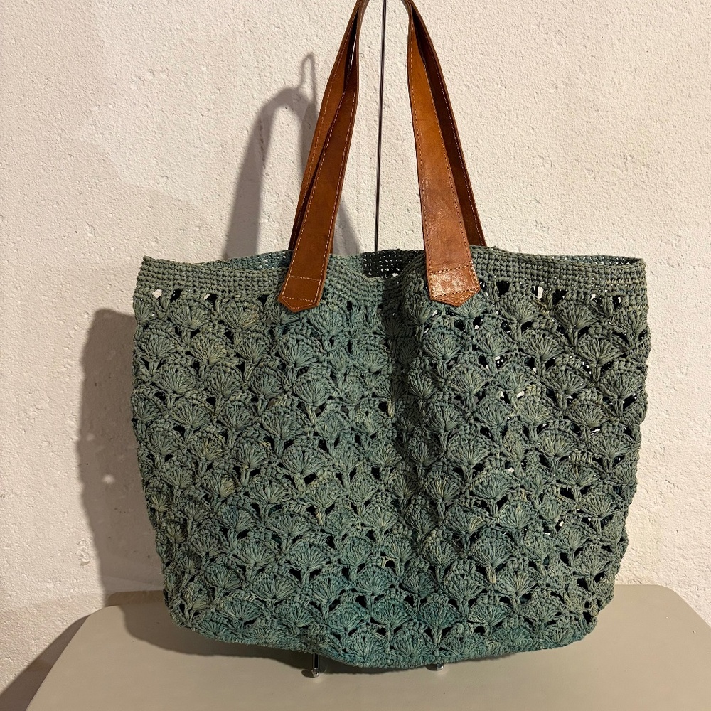 Green Crochet Tote Bag with Brown Leather Handles